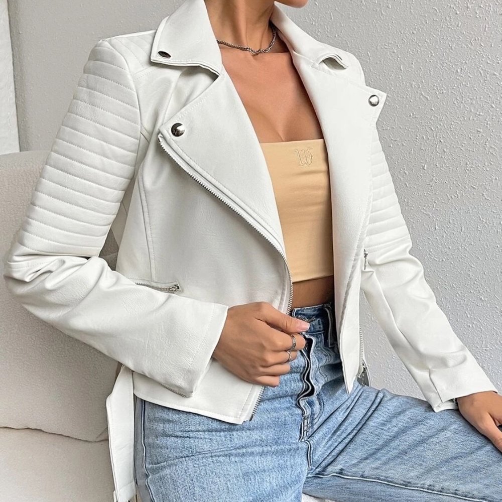 Luxe Vegan Leather Moto Biker Zipper Jacket - Picture 3 of 9